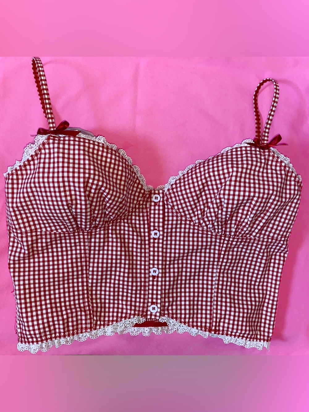Forever 21 Red Gingham Lace-Trim Cropped Cami